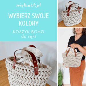 KOSZYK BOHO - DO RĘKI - ZE SZNURKA BAWEŁNIANEGO SKÓRA NATURALNA