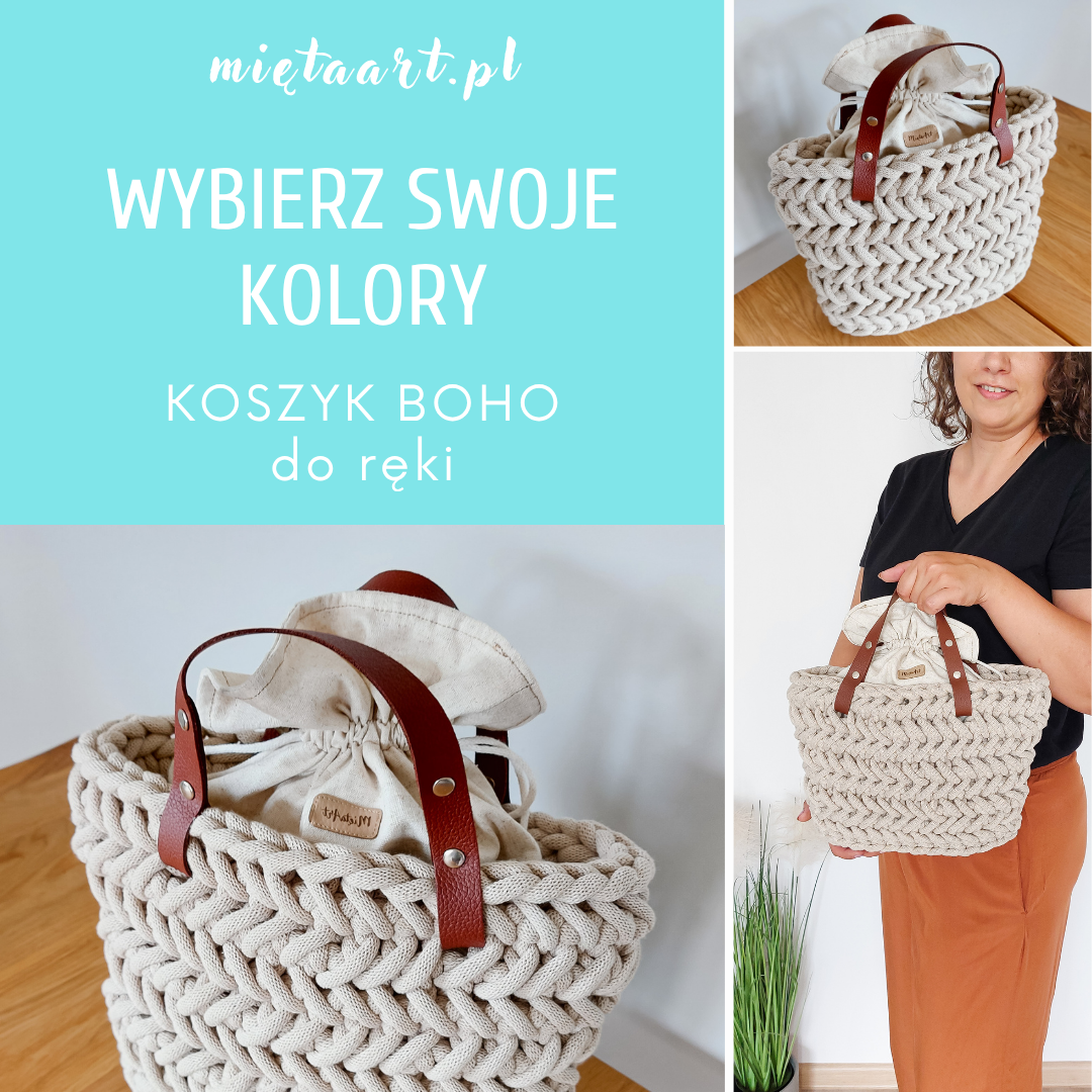 KOSZYK BOHO - DO RĘKI - ZE SZNURKA BAWEŁNIANEGO SKÓRA NATURALNA