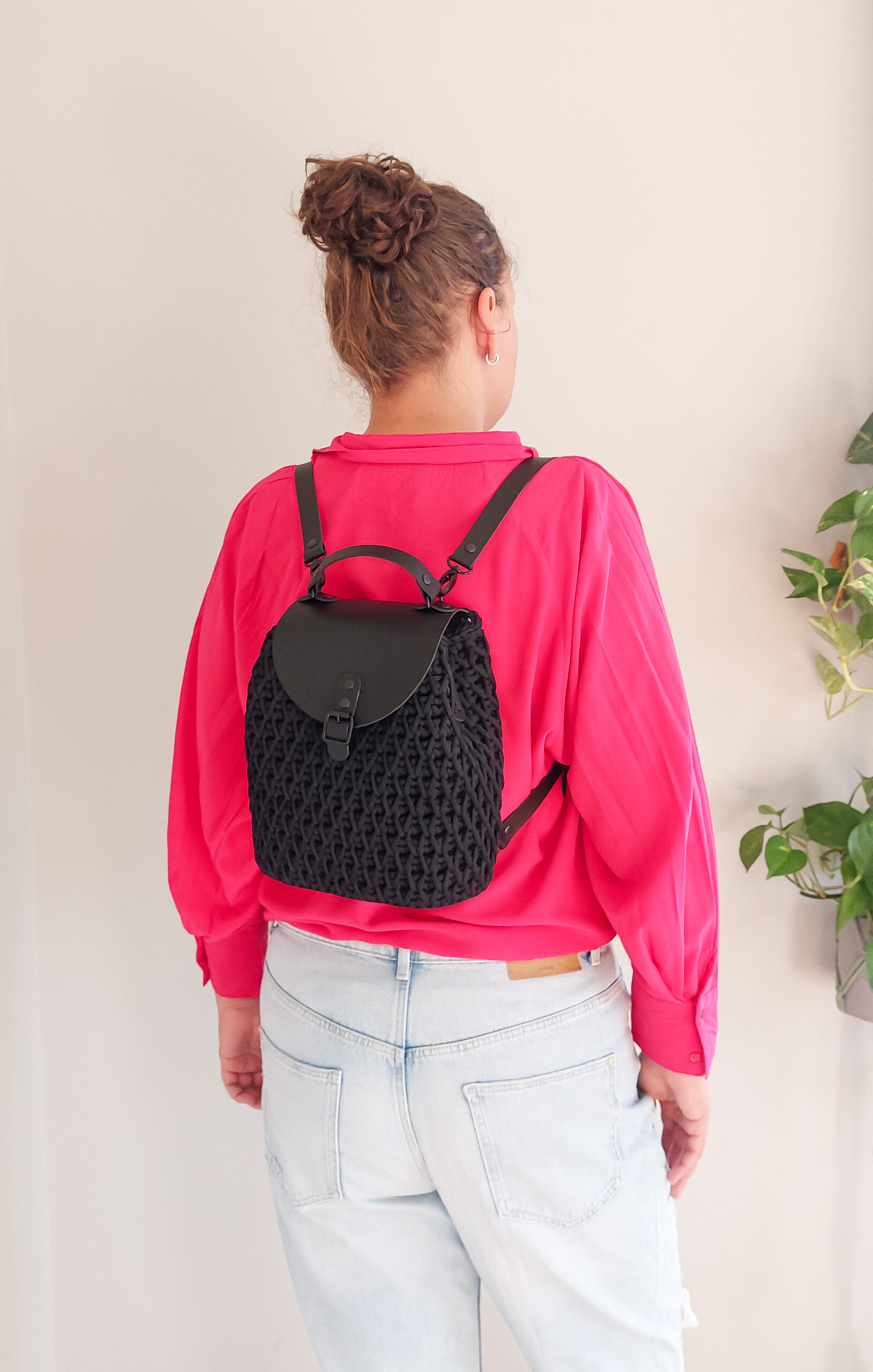 PLECAK HONEY SZYDEŁKOWY ZE SZNURKA I SKÓRY NATURALNEJ - CZARNY - obrazek 2