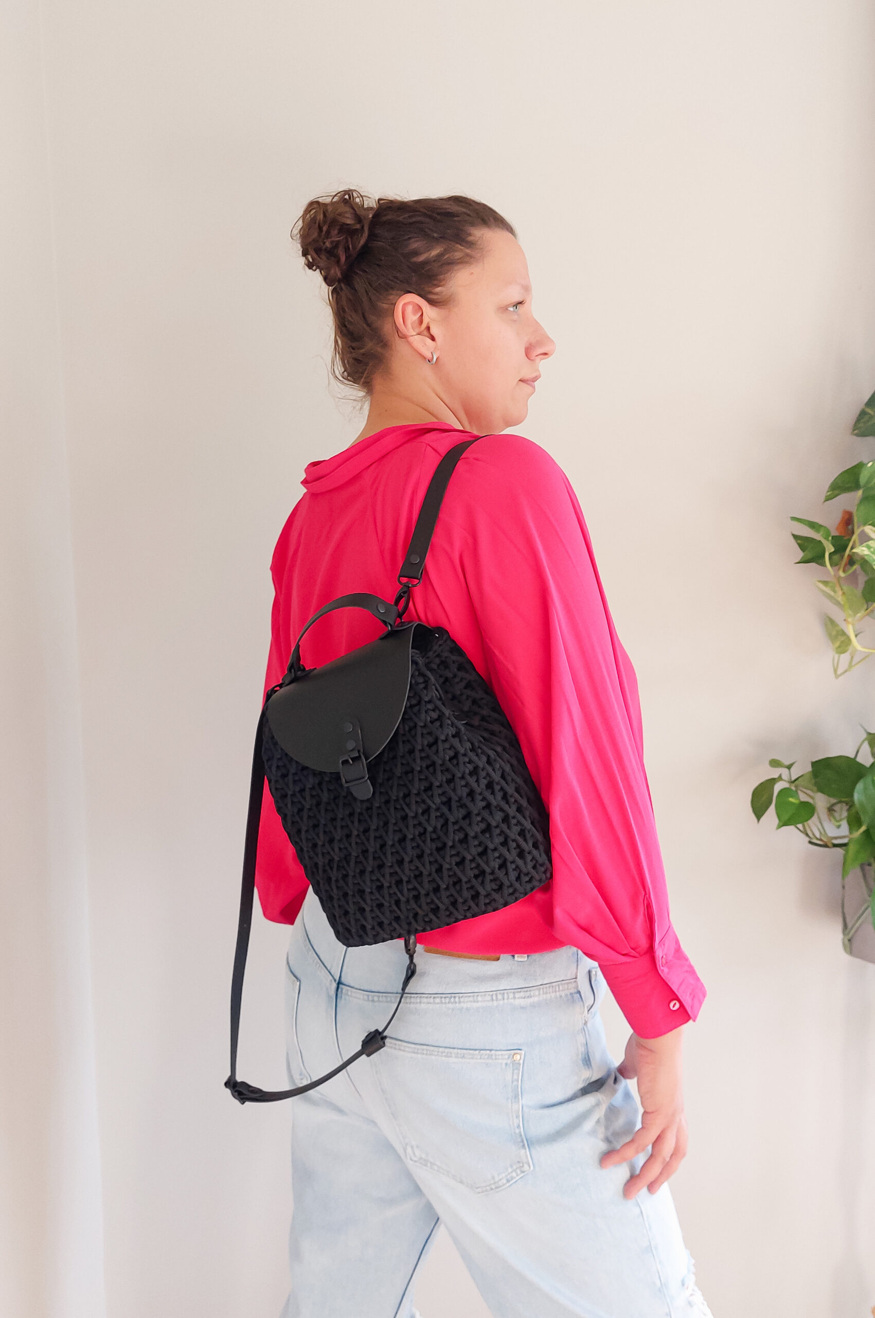 PLECAK HONEY SZYDEŁKOWY ZE SZNURKA I SKÓRY NATURALNEJ - CZARNY - obrazek 4