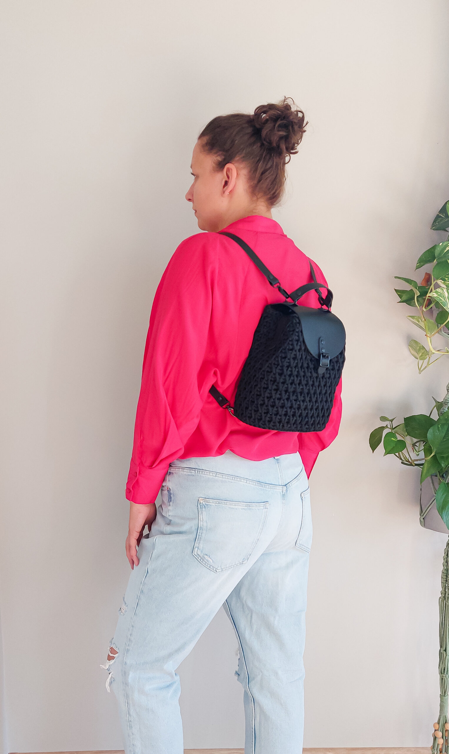 PLECAK HONEY SZYDEŁKOWY ZE SZNURKA I SKÓRY NATURALNEJ - CZARNY