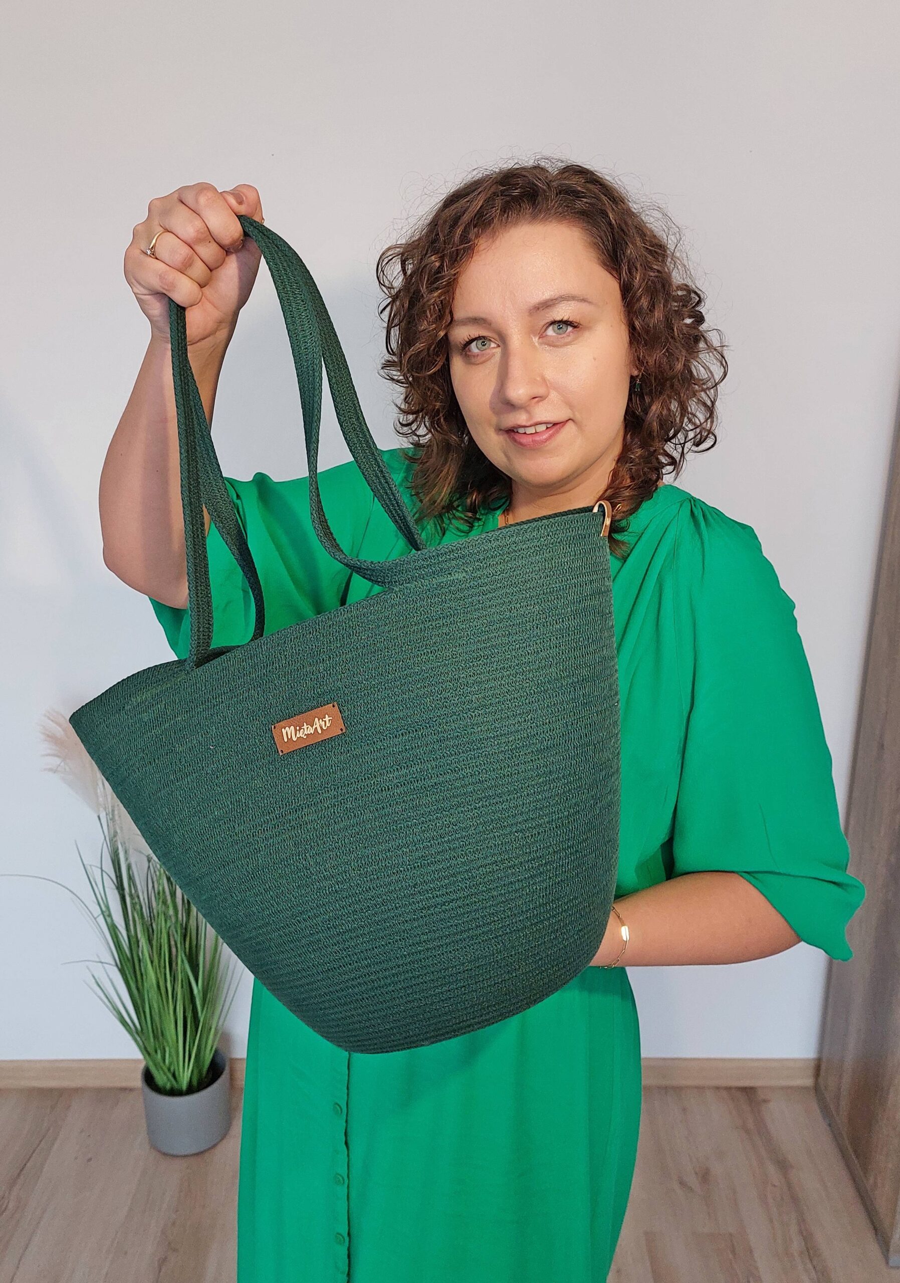 Torebka KOSZ CLASSIC szyta ze sznurka - butelkowa zieleń